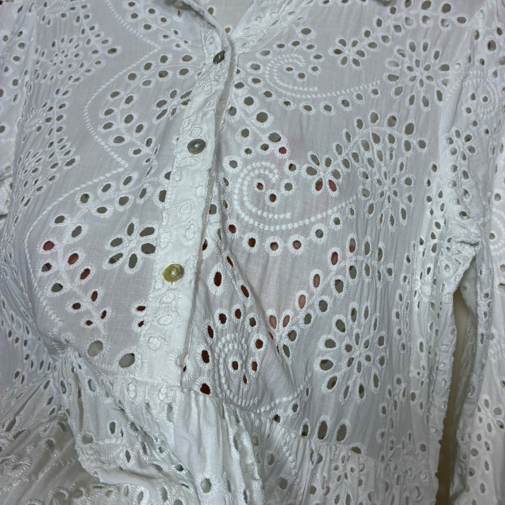 Zara Eyelet Embroidered Tiered Midi Dress Size M White Long Sleeve Bridal Beachy - Picture 8 of 10
